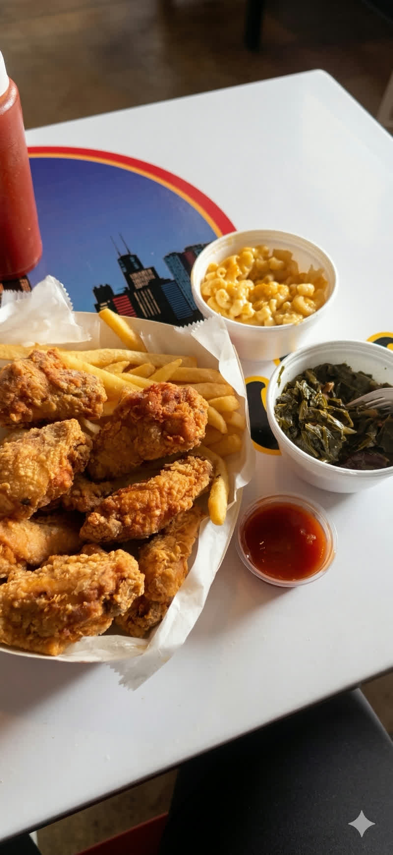 Wings, Mac & Cheese, Greens